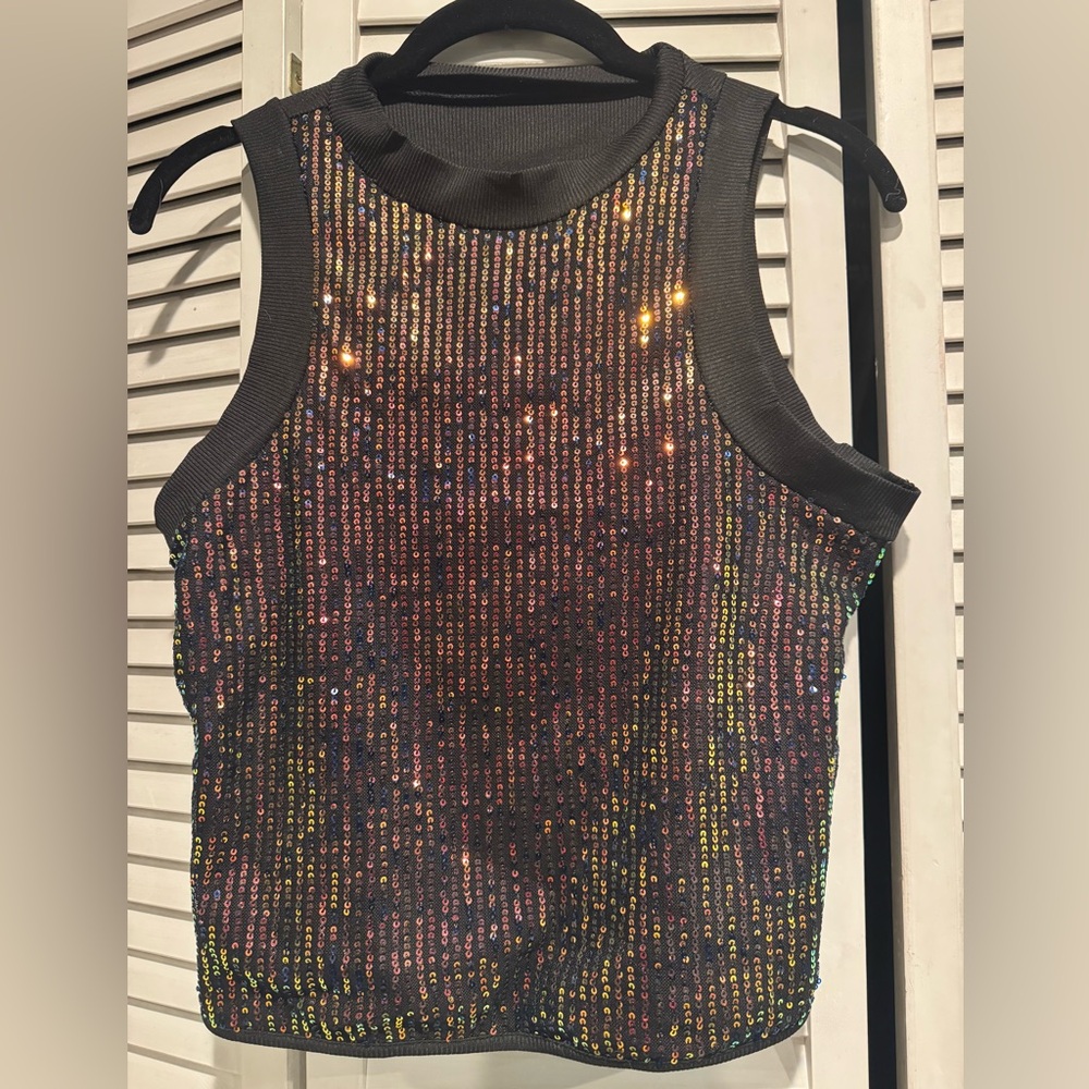 Sequin Embellished Black Tank Top